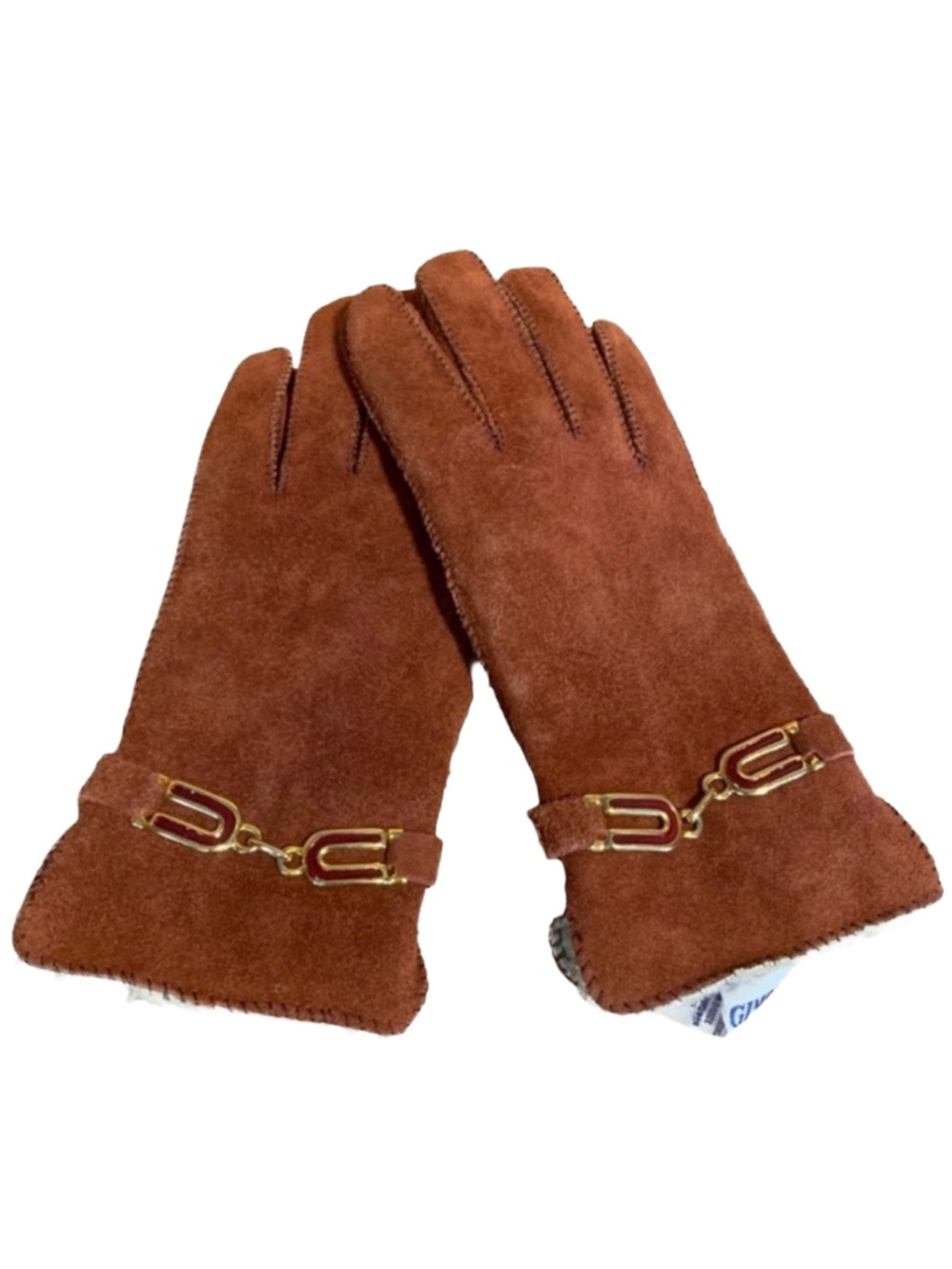 VINTAGE GIMBELS BROWN SUEDE GLOVES WITH ACRYLIC SHERPA LINING (M)